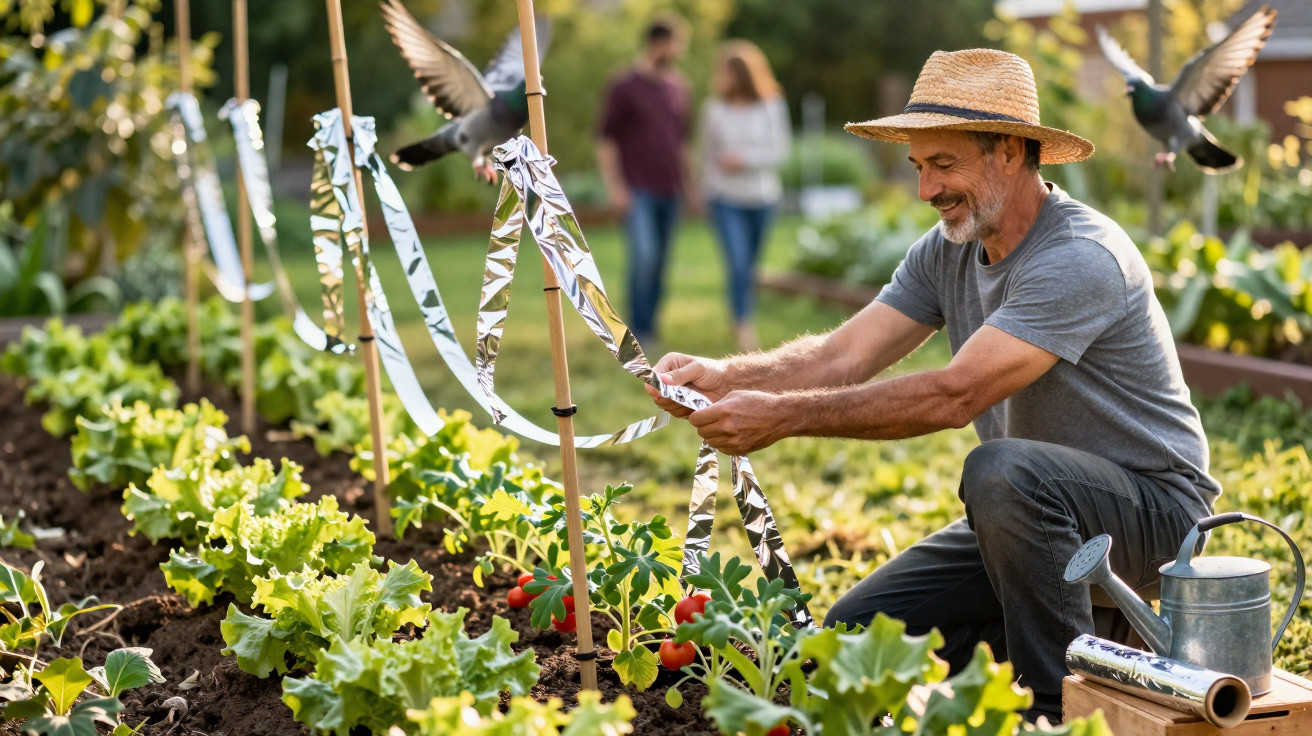 Homem sorridente cuidando da horta com plantas e tomateiros, com pássaros voando ao fundo.