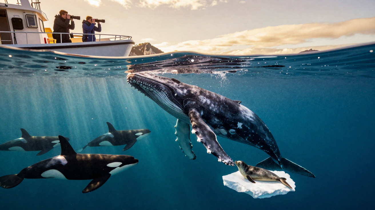 Baleia e orcas nadam próximas a um barco com pessoas fotografando a vida marinha no mar.