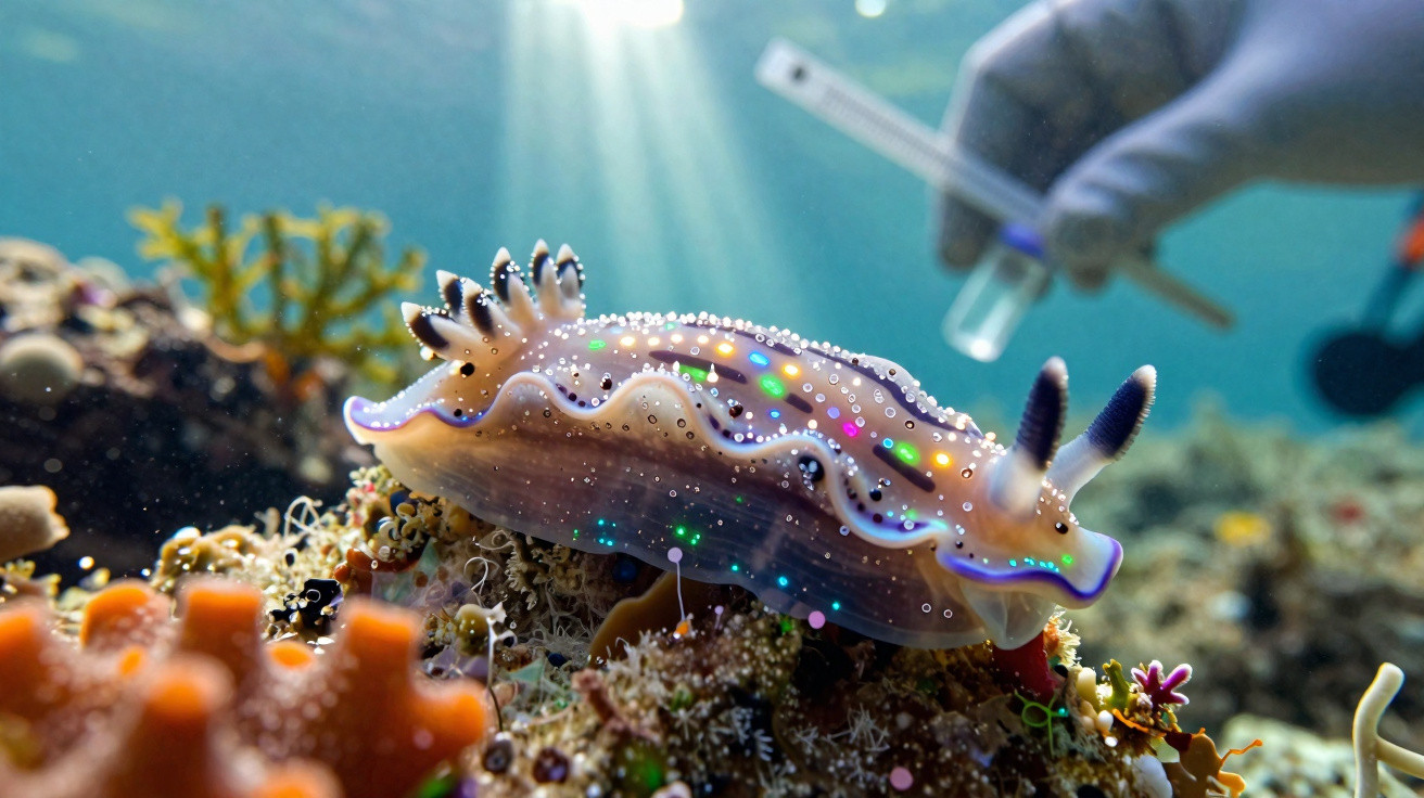 Perfil de um nudibrânquio colorido sobre coral com mergulhador ao fundo medindo com régua.