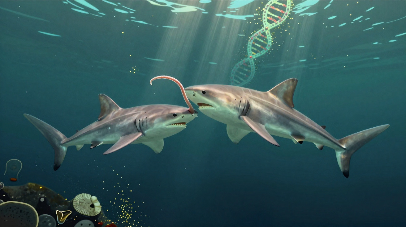 Dois tubarões no fundo do mar interagindo com um verme marinho e uma fita de DNA ao fundo.