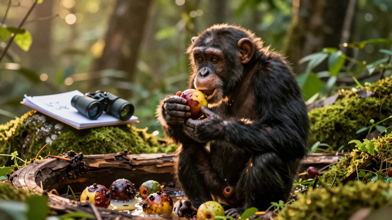 Chimpanzé segurando e comendo fruta sentado em tronco com frutas e binóculos ao fundo na floresta.