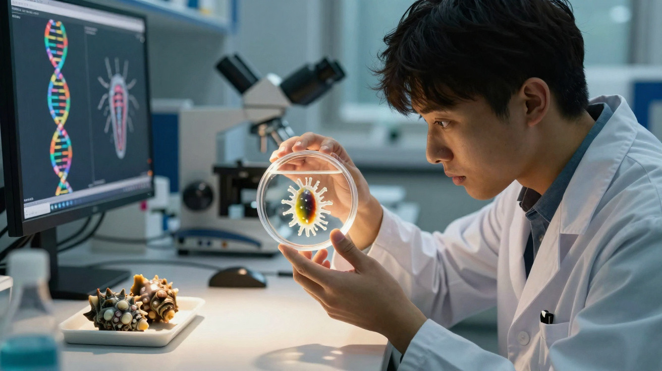Cientista analisando amostra em placa de Petri com imagem de vírus em laboratório moderno.