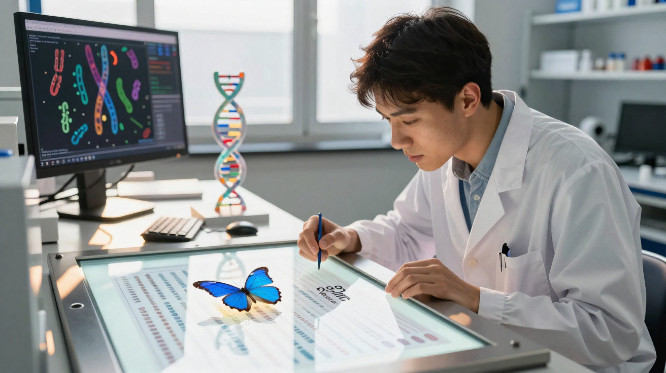 Cientista jovem analisa genética digital de borboleta azul em laboratório moderno com gráficos de DNA.