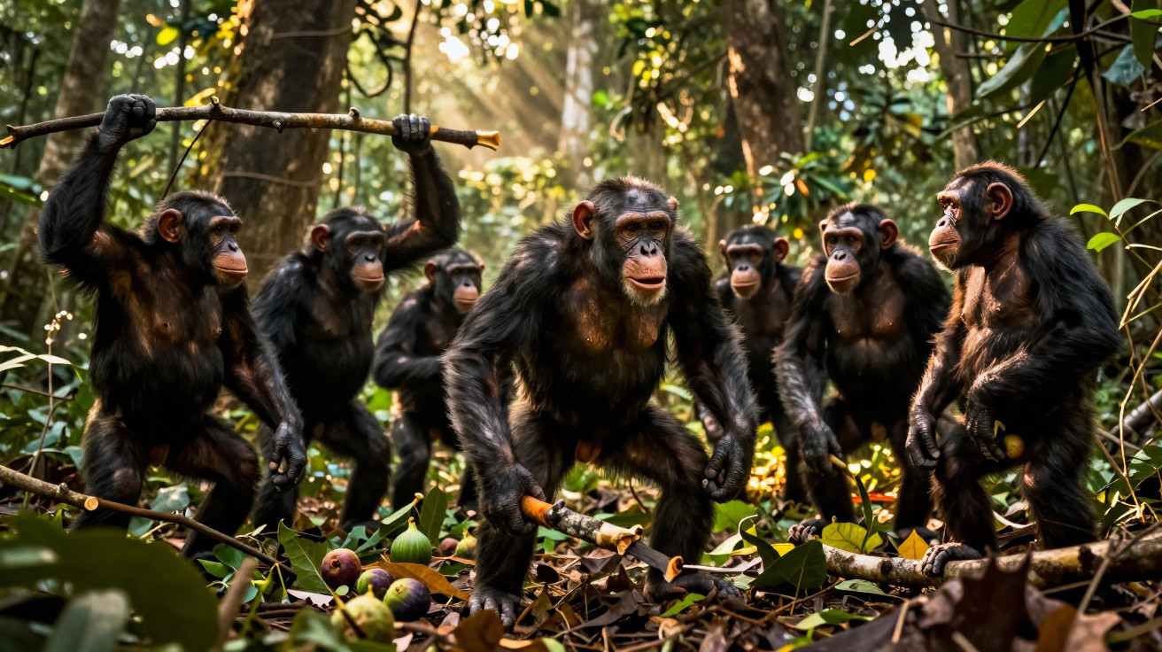 Grupo de chimpanzés na floresta segurando gravetos com luz do sol ao fundo.