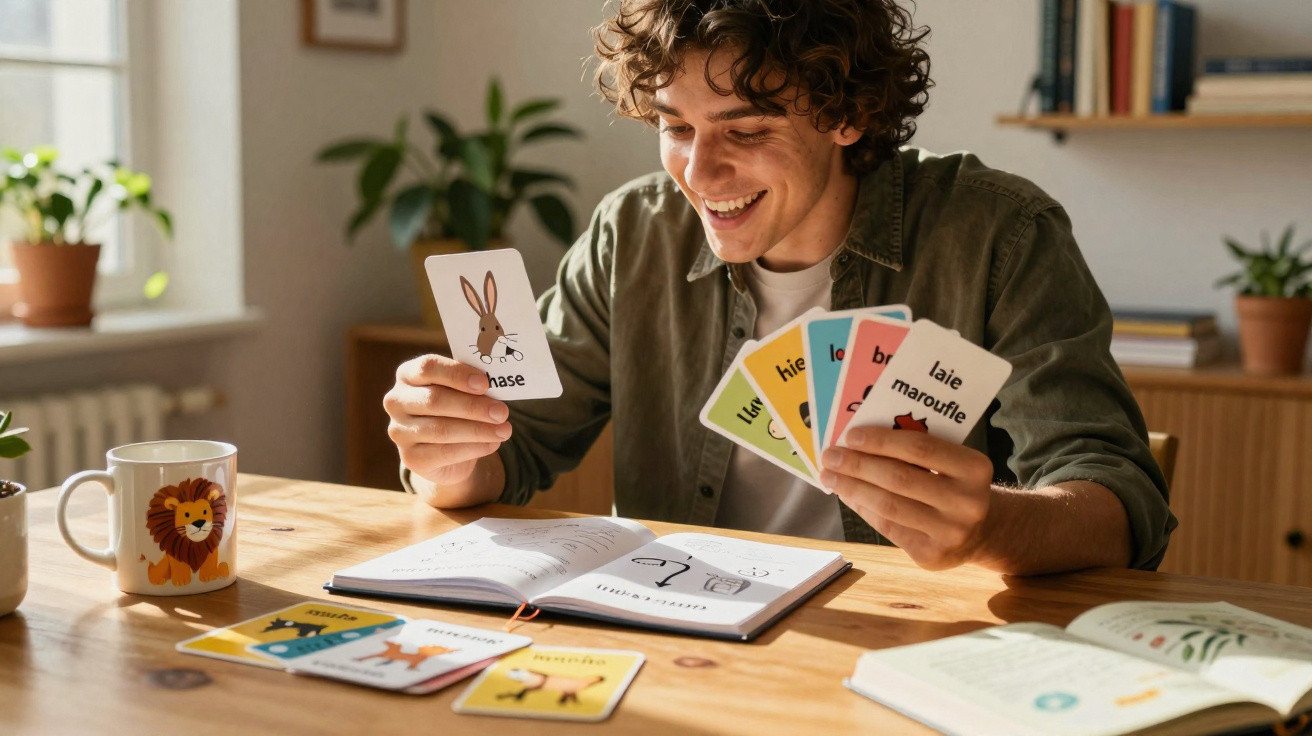 Jovem sorrindo enquanto estuda francês com cartas ilustradas e livros em mesa de madeira clara.
