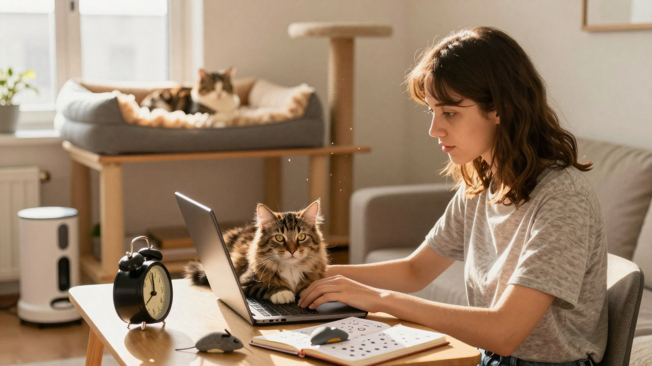 Mulher trabalhando no laptop com gato sentado no teclado e outro gato descansando em móvel ao fundo.