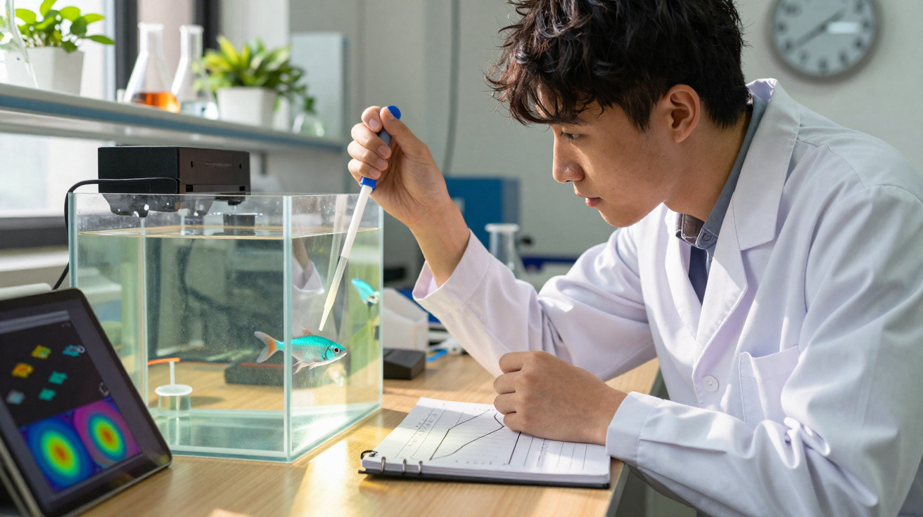 Cientista em jaleco realiza experimento com peixe em aquário usando pipeta, com dados em gráfico ao lado.