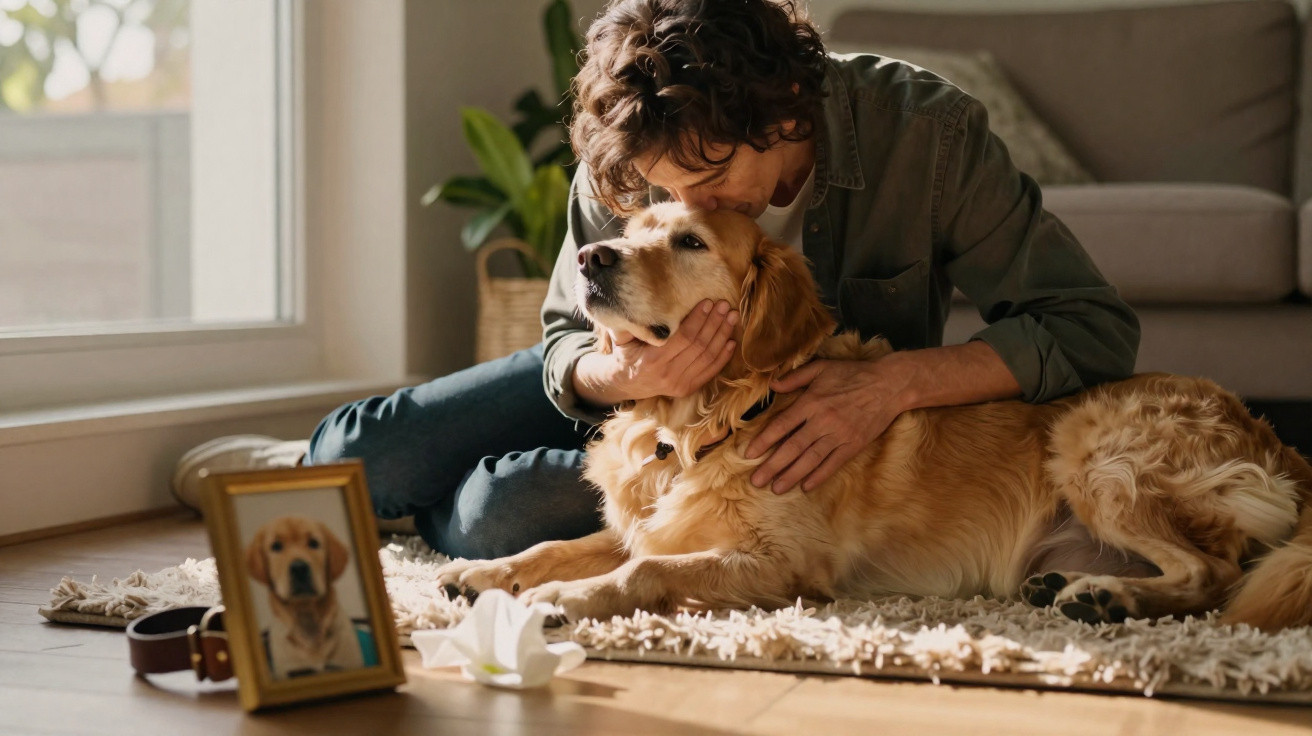 Homem abraça e beija cachorro Golden Retriever deitado no tapete em sala iluminada.