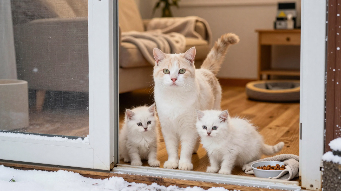 Gato adulto com dois filhotes brancos na porta de vidro, com neve do lado de fora e ração dentro da casa.
