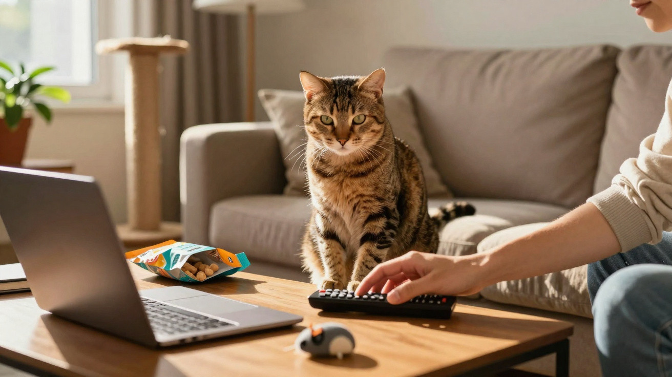 Gato sentado na mesa em frente a laptop, com controle remoto na mão de pessoa ao lado, em sala iluminada.