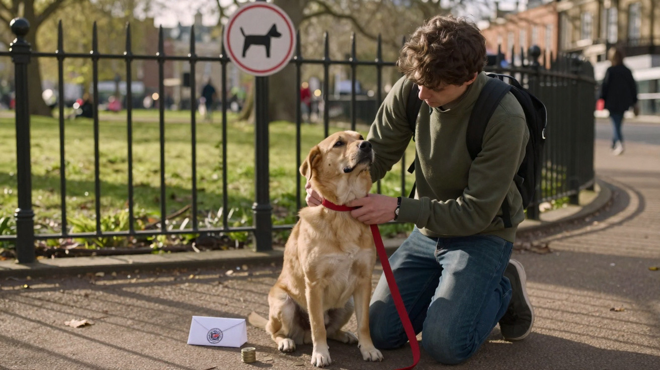 Homem ajoelhado ajusta coleira de cachorro labrador em parque com placa de proibição para cães.
