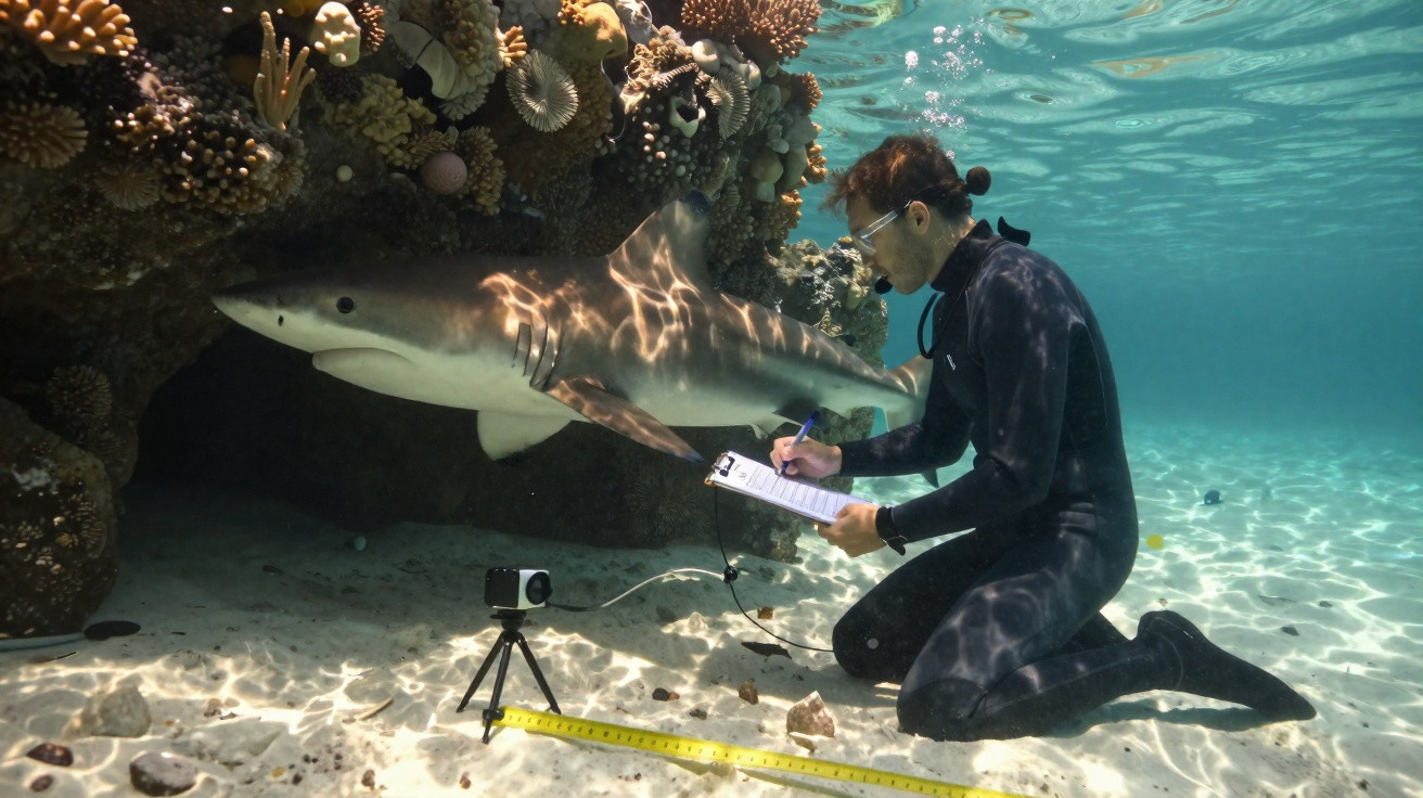 Mergulhador com roupa de neoprene registra dados em prancheta próximo a tubarão em fundo oceânico com corais.