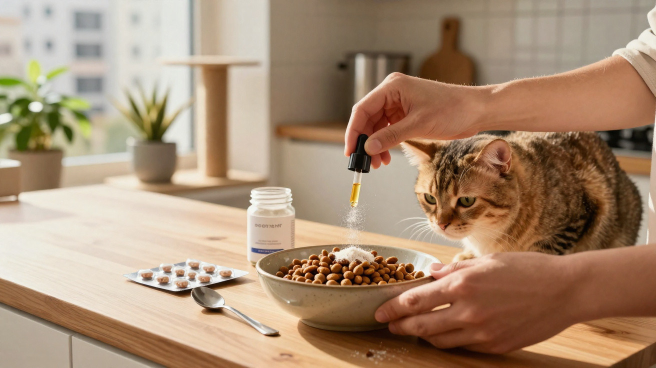 Mãos adicionam suplemento em gotas à ração de gato em uma cozinha iluminada e com plantas ao fundo.