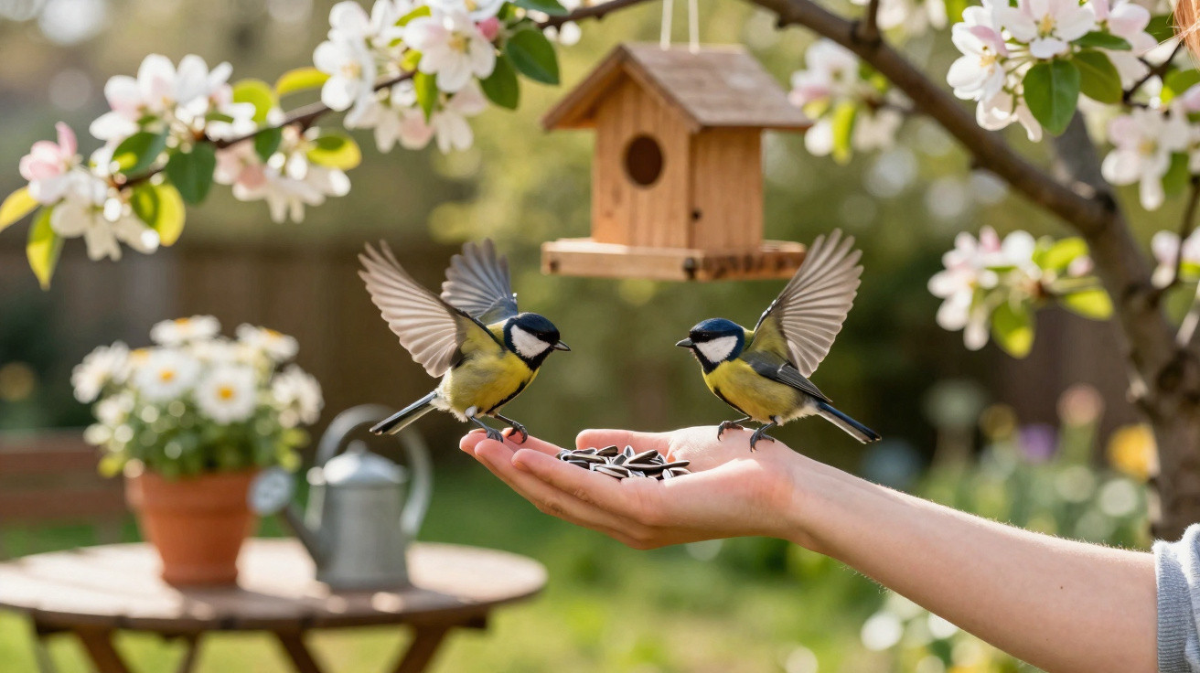 Mãos segurando sementes enquanto dois pássaros pousam para se alimentar em jardim florido.