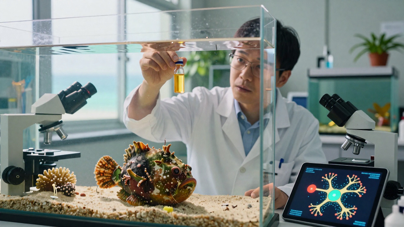 Cientista em laboratório observa frasco com líquido amarelo perto de aquário com peixe exótico e microscópios.