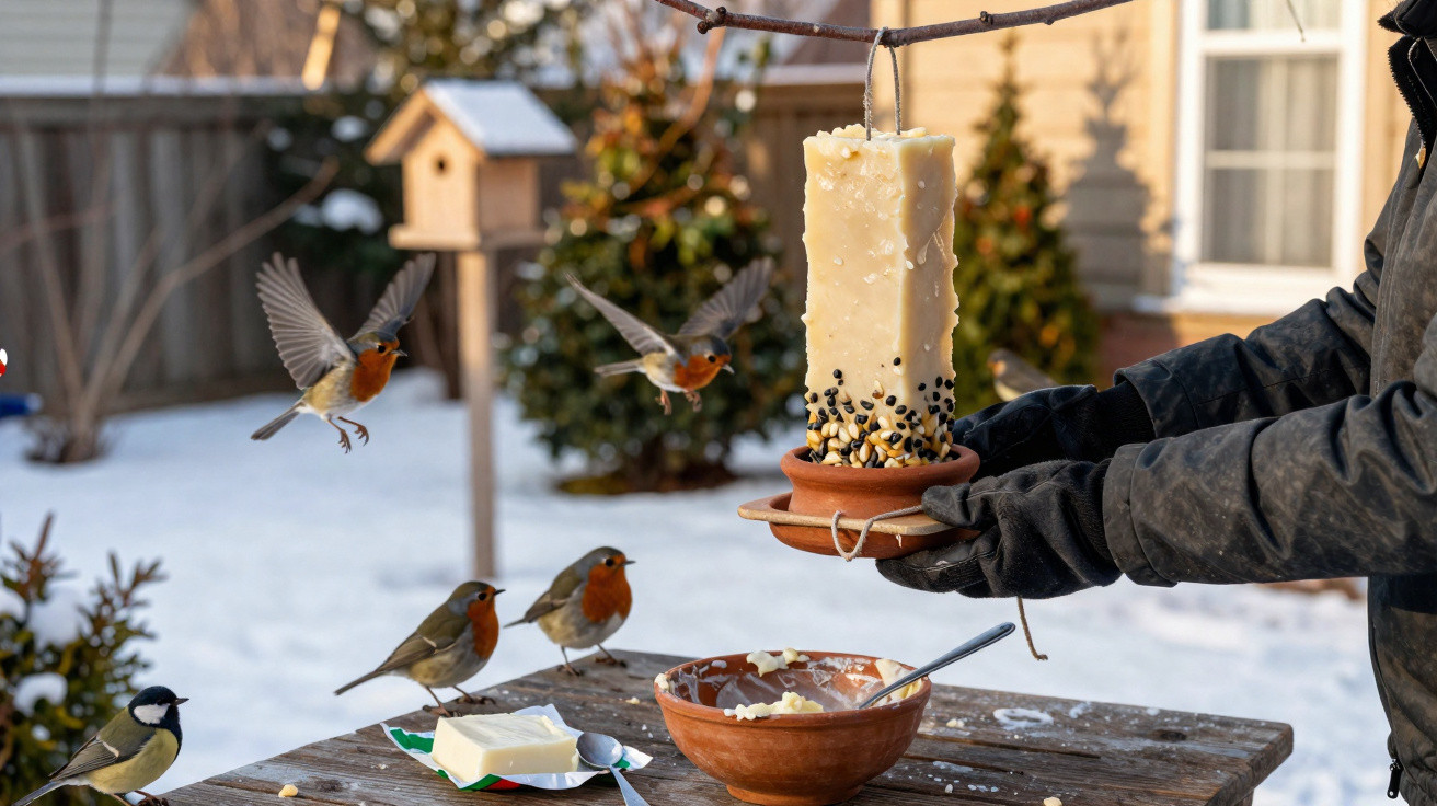 Mãos com luvas seguram alimentação pendurada para pássaros em mesa com várias aves no jardim com neve.