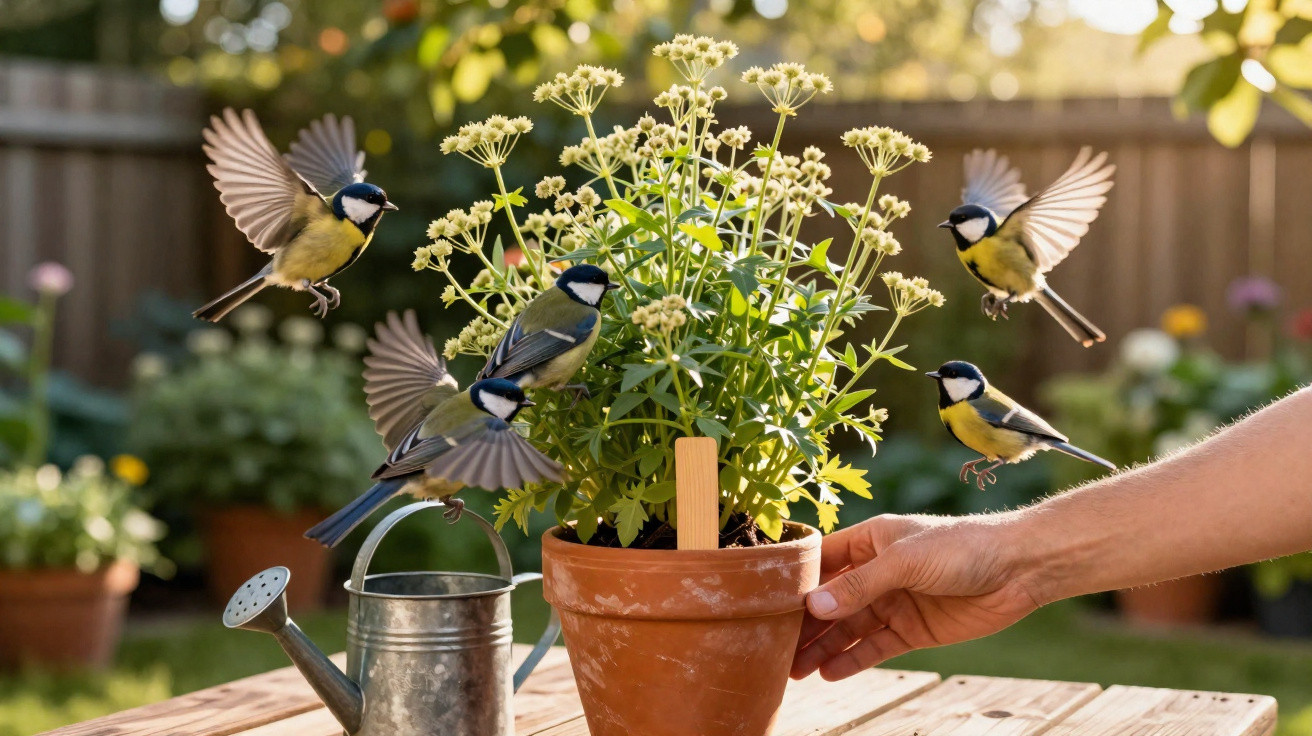 Pássaros voando e pousando em vaso com planta, mão segurando o vaso e regador sobre mesa de madeira.