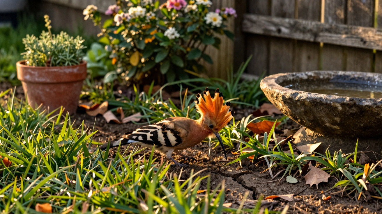 Pássaro tucano com crista laranja no chão de jardim perto de vaso de planta e comedouro de pedra.