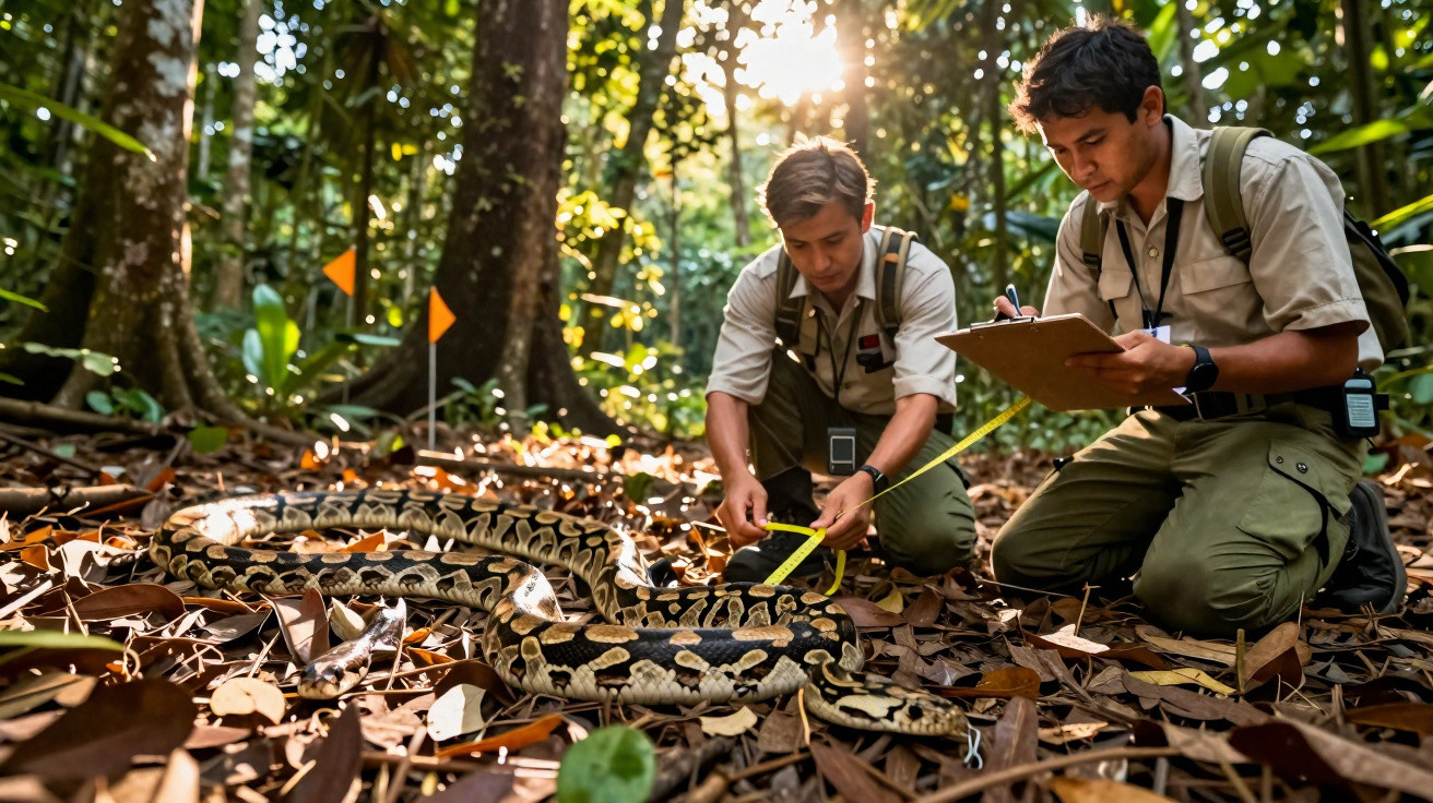 Dois biólogos medem e registram o tamanho de uma jiboia na floresta durante o dia.