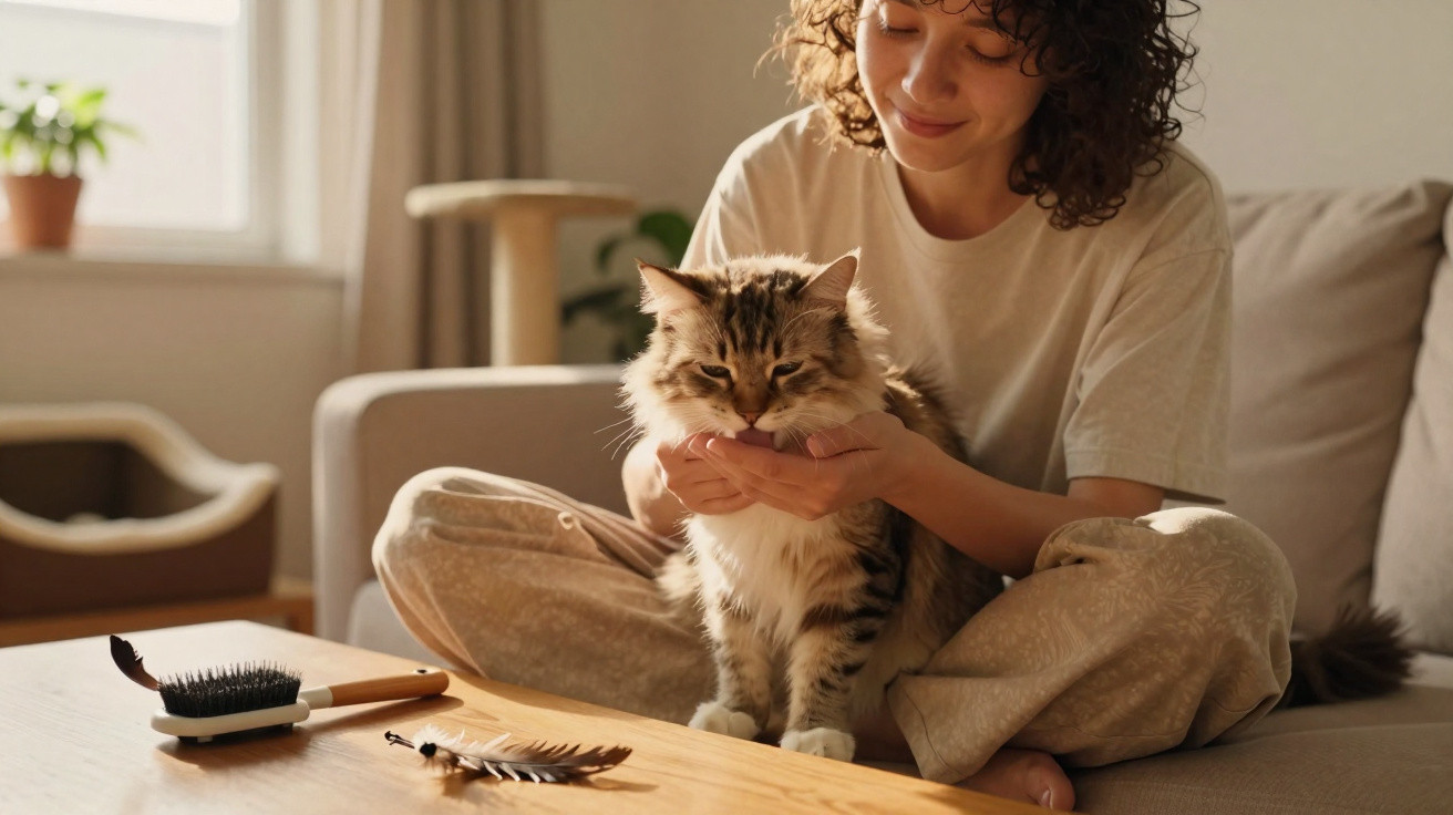 Mulher sentada no sofá alimenta um gato felpudo, com escova e penas sobre a mesa de madeira.