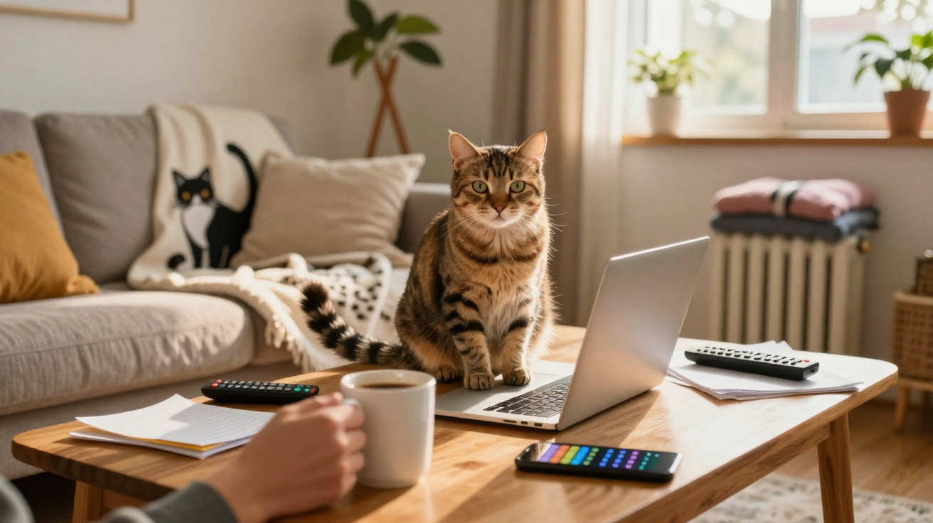 Gato sentado em laptop sobre mesa com xícara, controle remoto e celular, em sala iluminada e aconchegante.