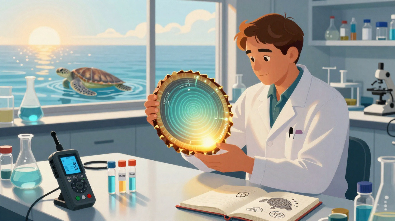 Cientista em laboratório analisando anel luminiscente com tartaruga no mar ao fundo ao pôr do sol.