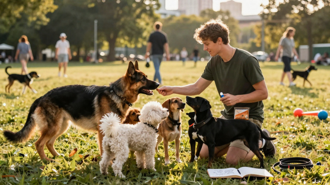 Jovem alimentando cinco cachorros diferentes em parque gramado durante o dia com pessoas ao fundo.