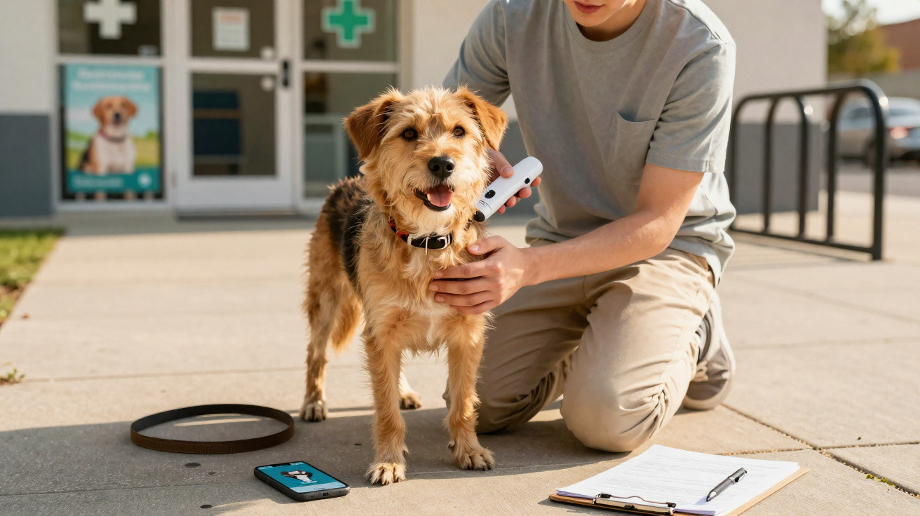 Homem escaneando microchip de cachorro dourado em clínica veterinária ao ar livre.
