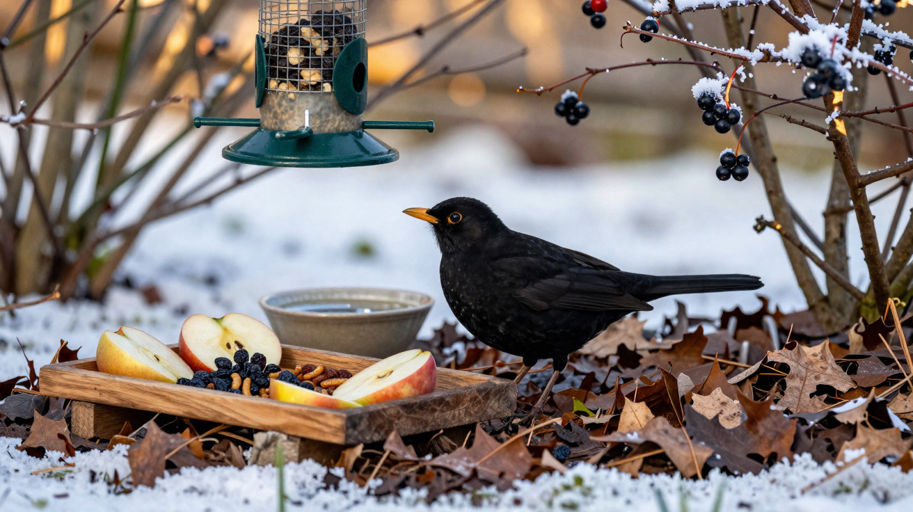 Pássaro preto próximo a bandeja com frutas e bebedouro em jardim com folhas secas e neve.