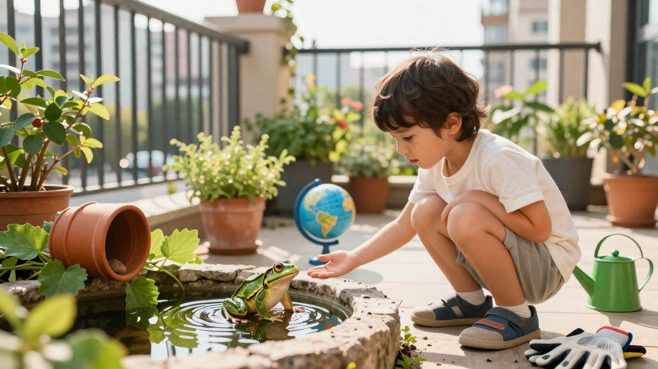 Menino agachado tocando uma rã em um lago artificial em varanda com plantas e brinquedo globo terrestre.