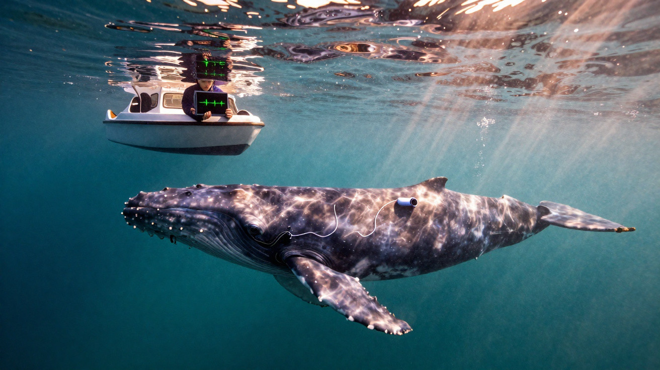 Baleia submersa com dispositivo acoplado, observada por robô em pequeno barco na superfície da água.