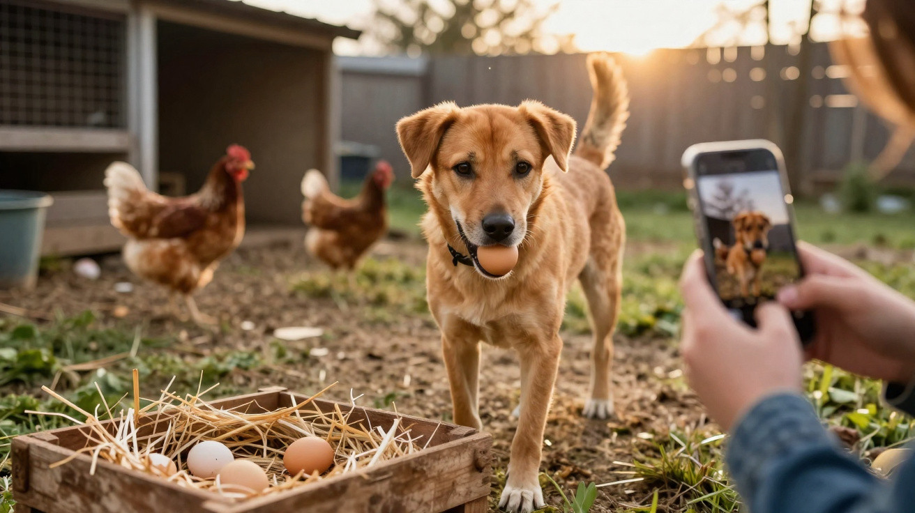 Cachorro segurando ovo na boca próximo a galinhas e caixa com ovos, enquanto pessoa tira foto com celular.