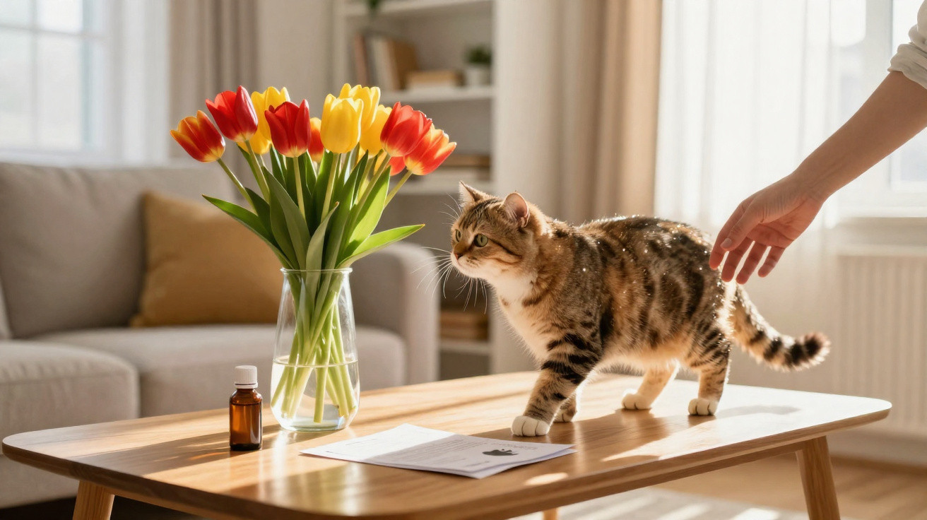 Gato listrado caminhando sobre mesa de madeira com vaso de tulipas e mão humana tentando tocar o animal.