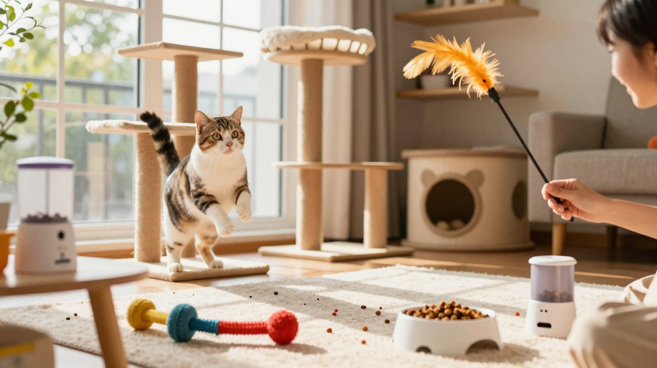 Gato brincando com pessoa que segura brinquedo de pena em sala iluminada, com arranhador e brinquedos no chão.