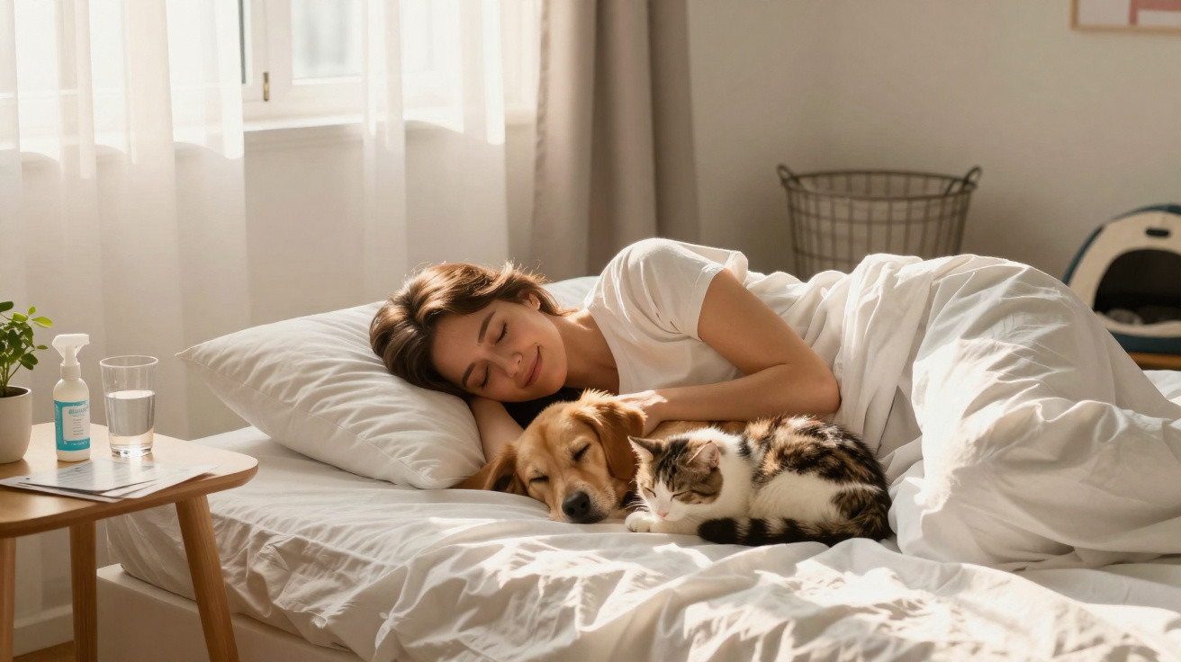 Mulher dormindo na cama ao lado de cachorro e gato, em ambiente iluminado e aconchegante.
