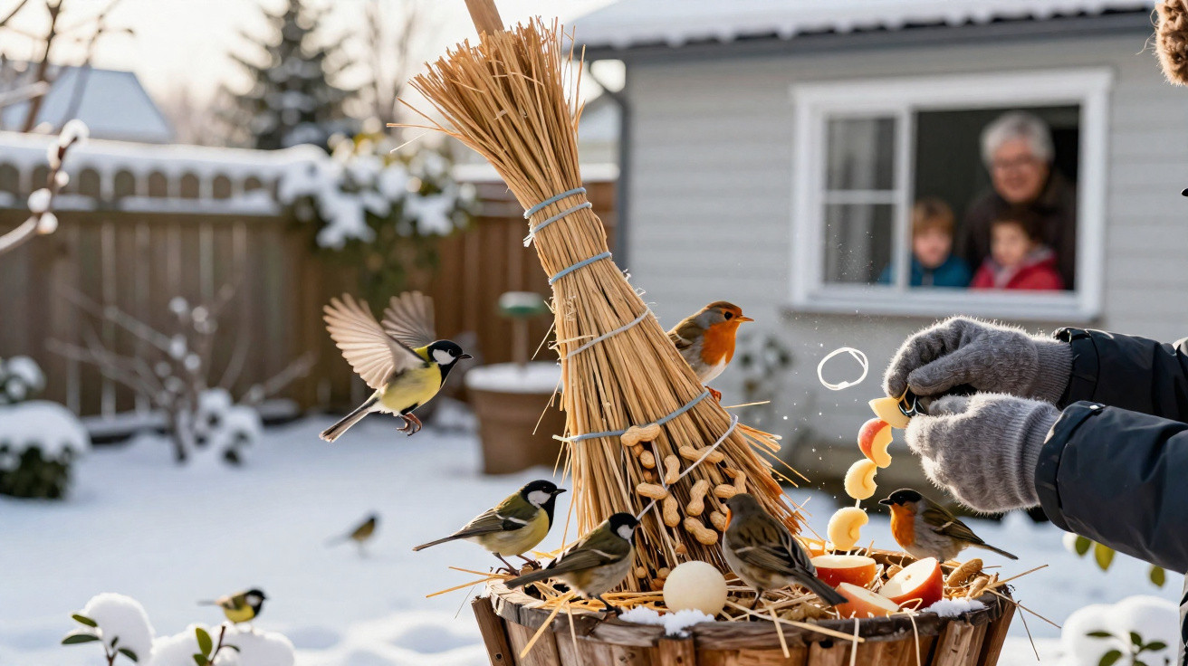 Pessoa alimenta passarinhos em jardim coberto de neve com família observando pela janela ao fundo.