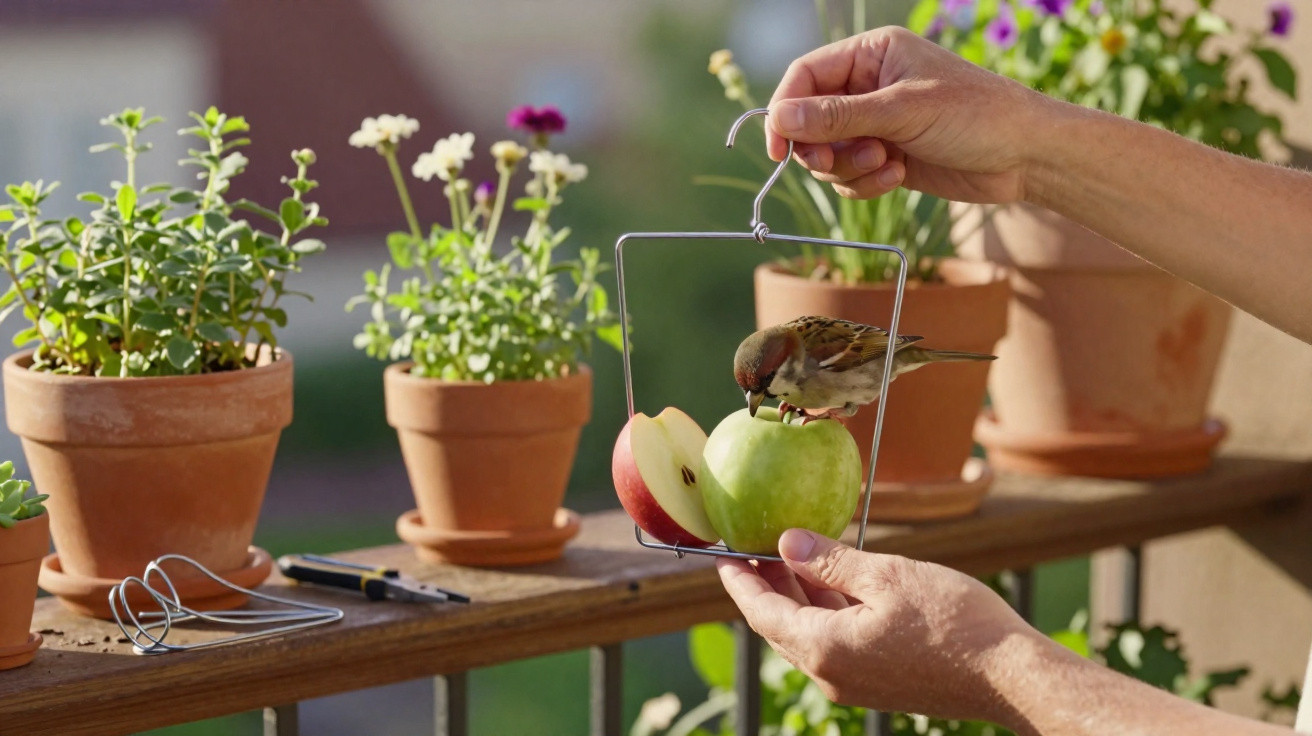 Mãos segurando maçã cortada em suporte com pássaro comendo, ao fundo vasos de plantas em varanda.