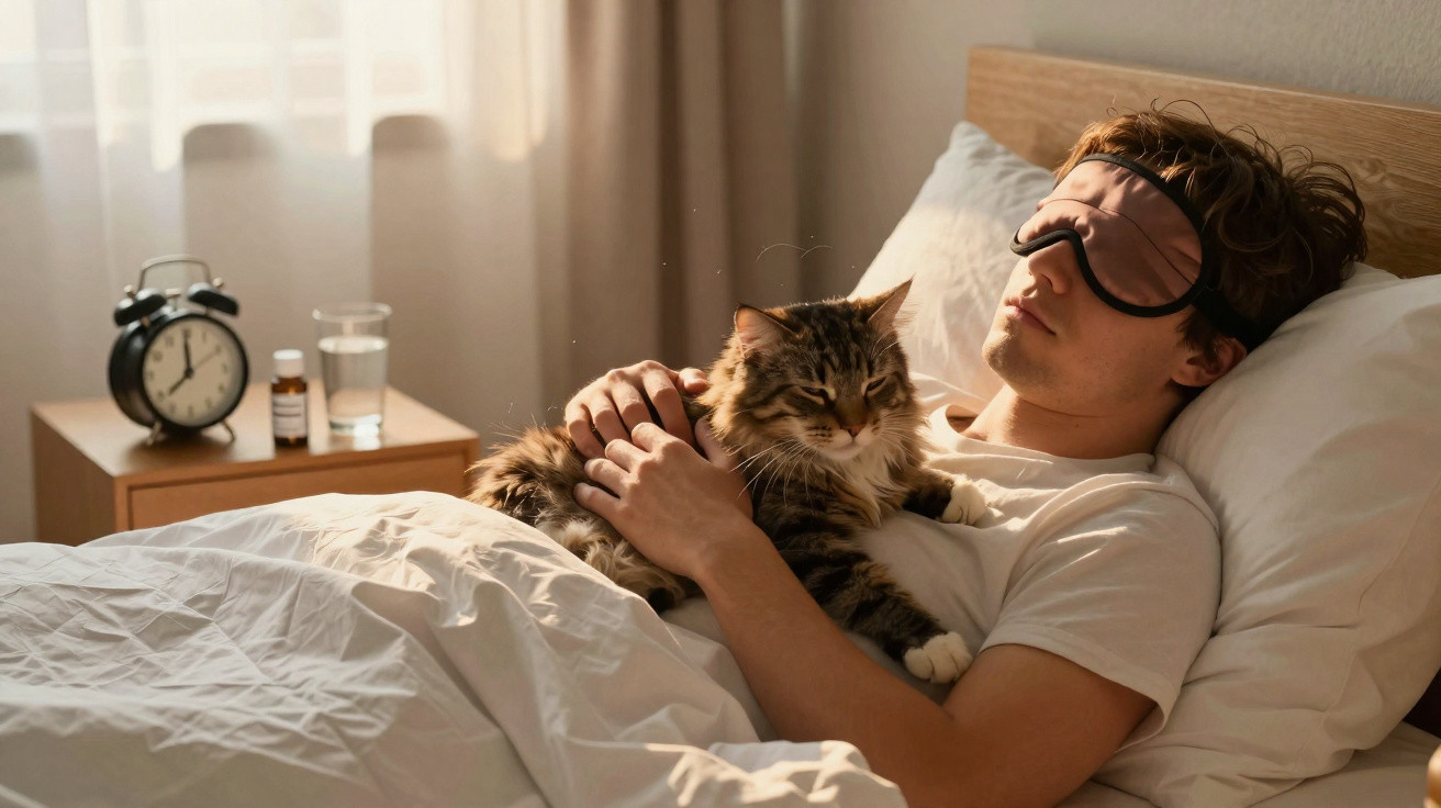 Homem deitado na cama com máscara de dormir, acariciando gato fofinho enrolado no colo.