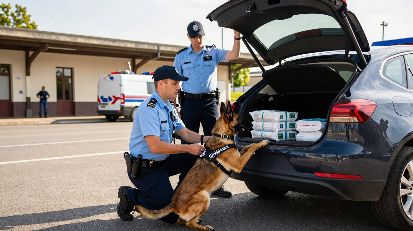 Dois policiais com cachorro farejador inspecionam porta-malas de carro aberto em área externa.