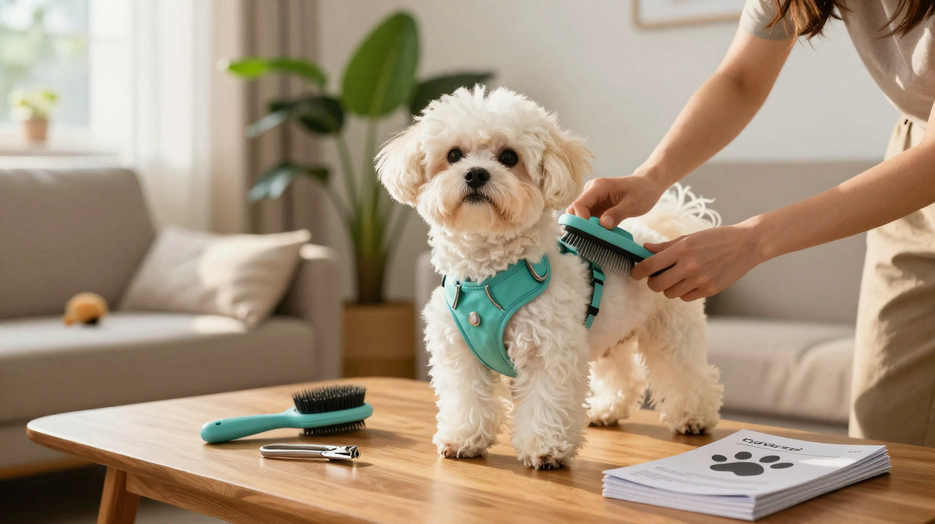 Cachorro branco com peitoral azul sendo escovado sobre mesa em sala de estar iluminada.