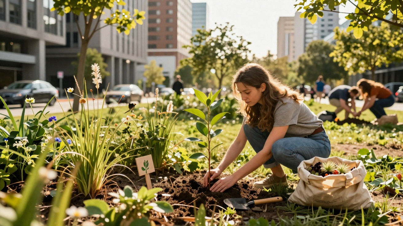 Jovem planta árvore em área urbana com outras pessoas cuidando do jardim ao fundo em dia ensolarado.