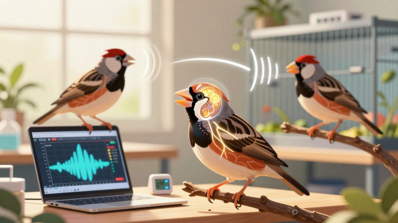 Pássaros em um ambiente interno interagindo com ondas sonoras e um gráfico de áudio em laptop.