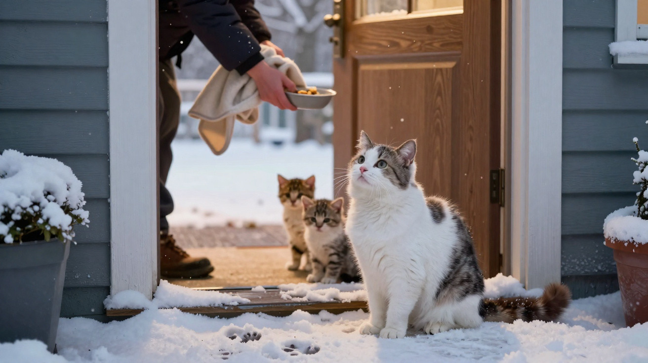Gato e dois filhotes esperando comida na porta de casa durante neve, pessoa segurando prato e cobertor.