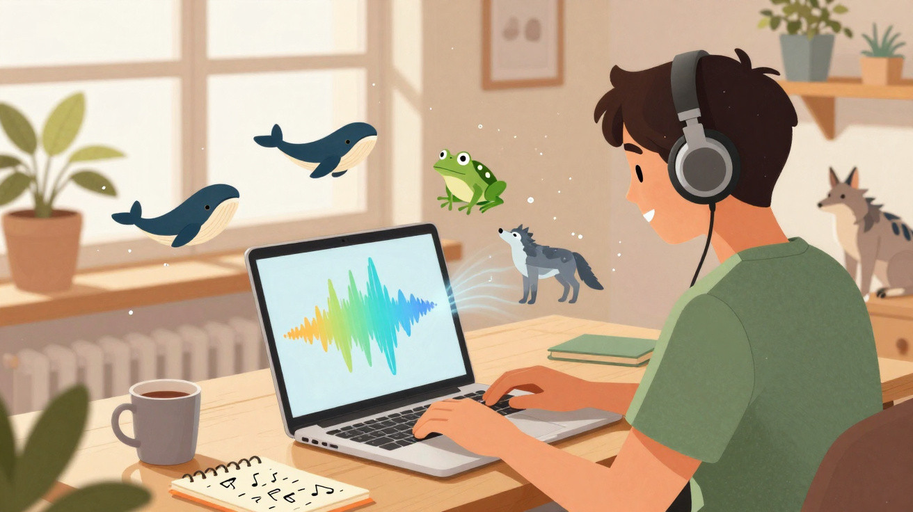 Pessoa com fones ouvindo sons de animais que saem de laptop em quarto iluminado por luz natural.
