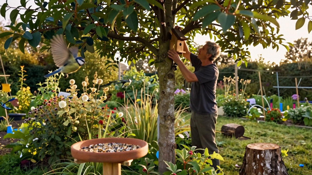 Homem instala uma casinha para pássaros em árvore num jardim com flores e comedouro cheio de sementes.