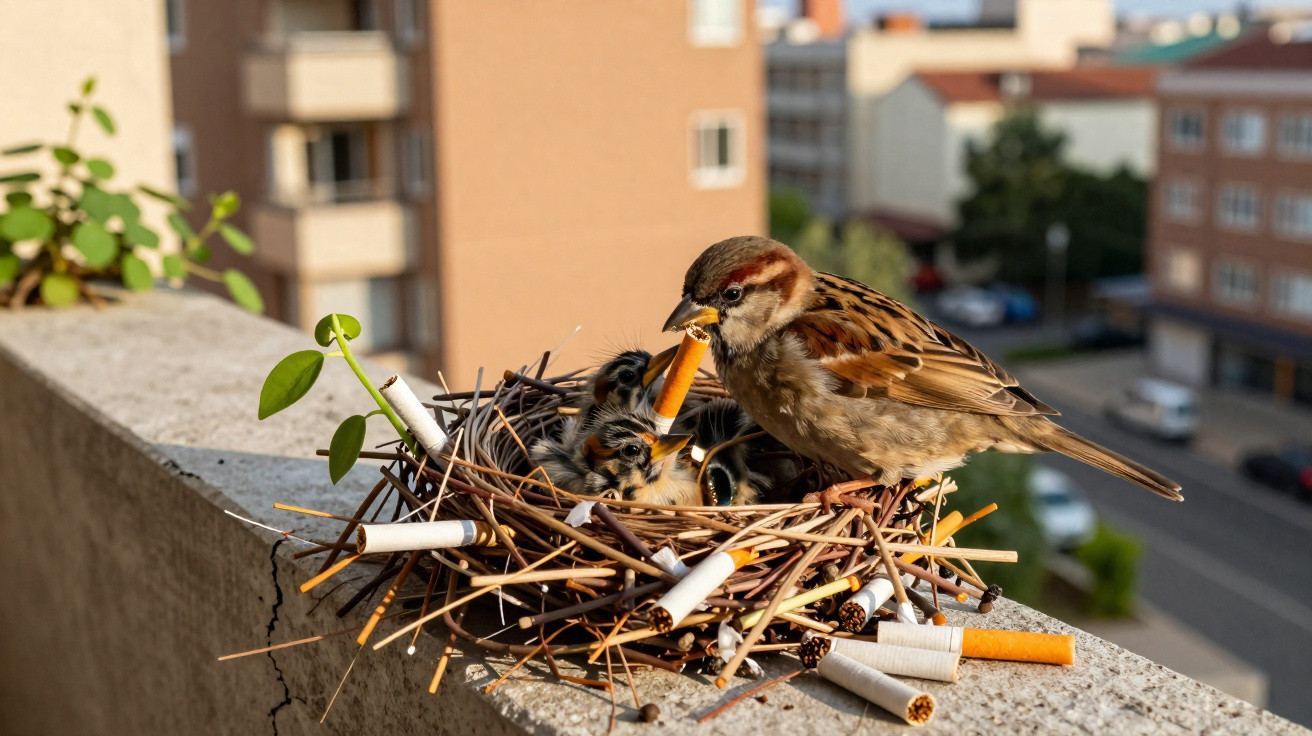 Pássaro alimentando filhotes em ninho com bitucas de cigarro sobre parapeito urbano.