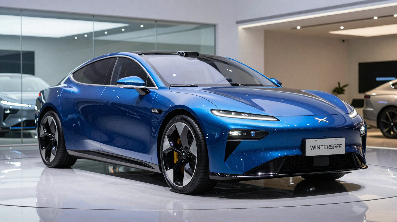 Carro elétrico azul modelo Wintersfee exibido em showroom moderno com piso branco brilhante.