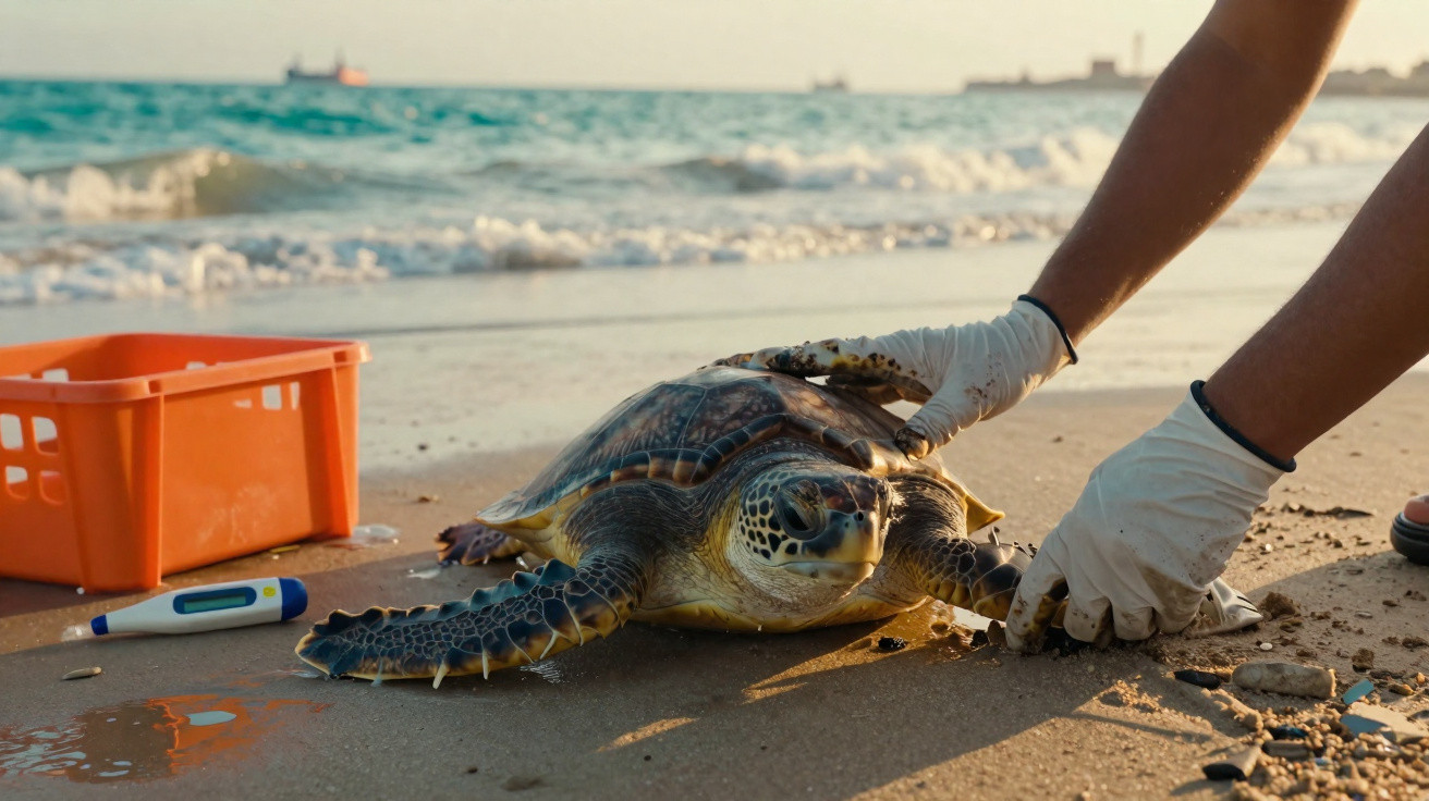 Pessoa com luvas manipulando tartaruga marinha na areia da praia ao entardecer com caixas e termômetro ao lado.