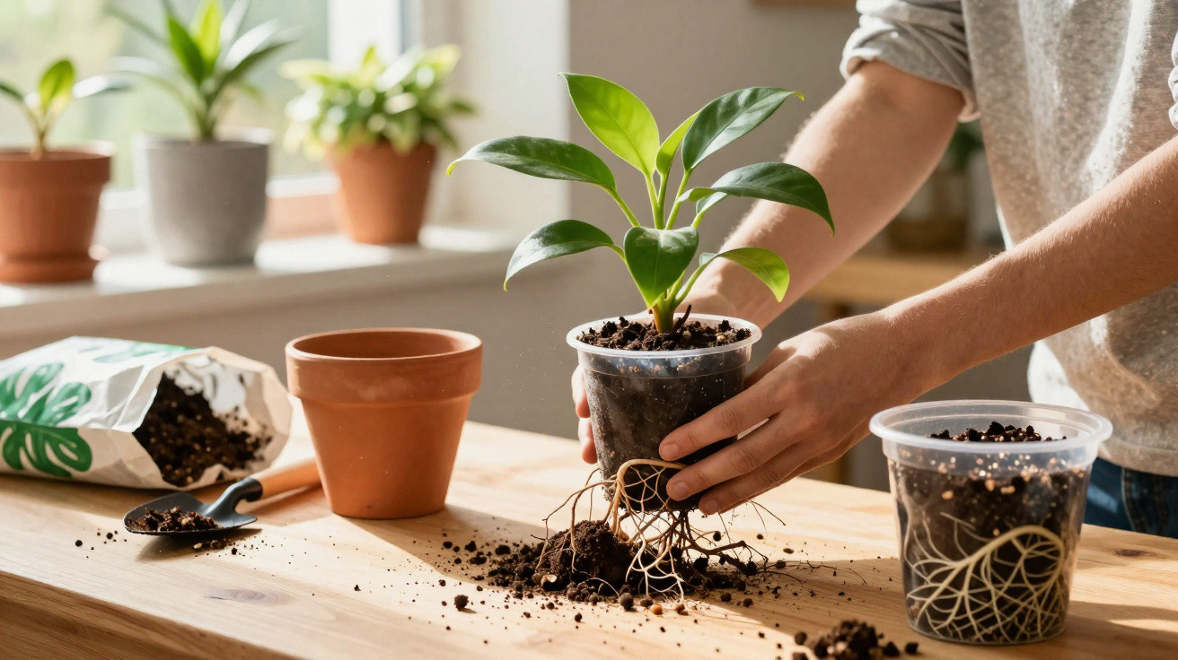 Pessoa transplantando muda de planta em vaso transparente sobre mesa de madeira com terra espalhada.