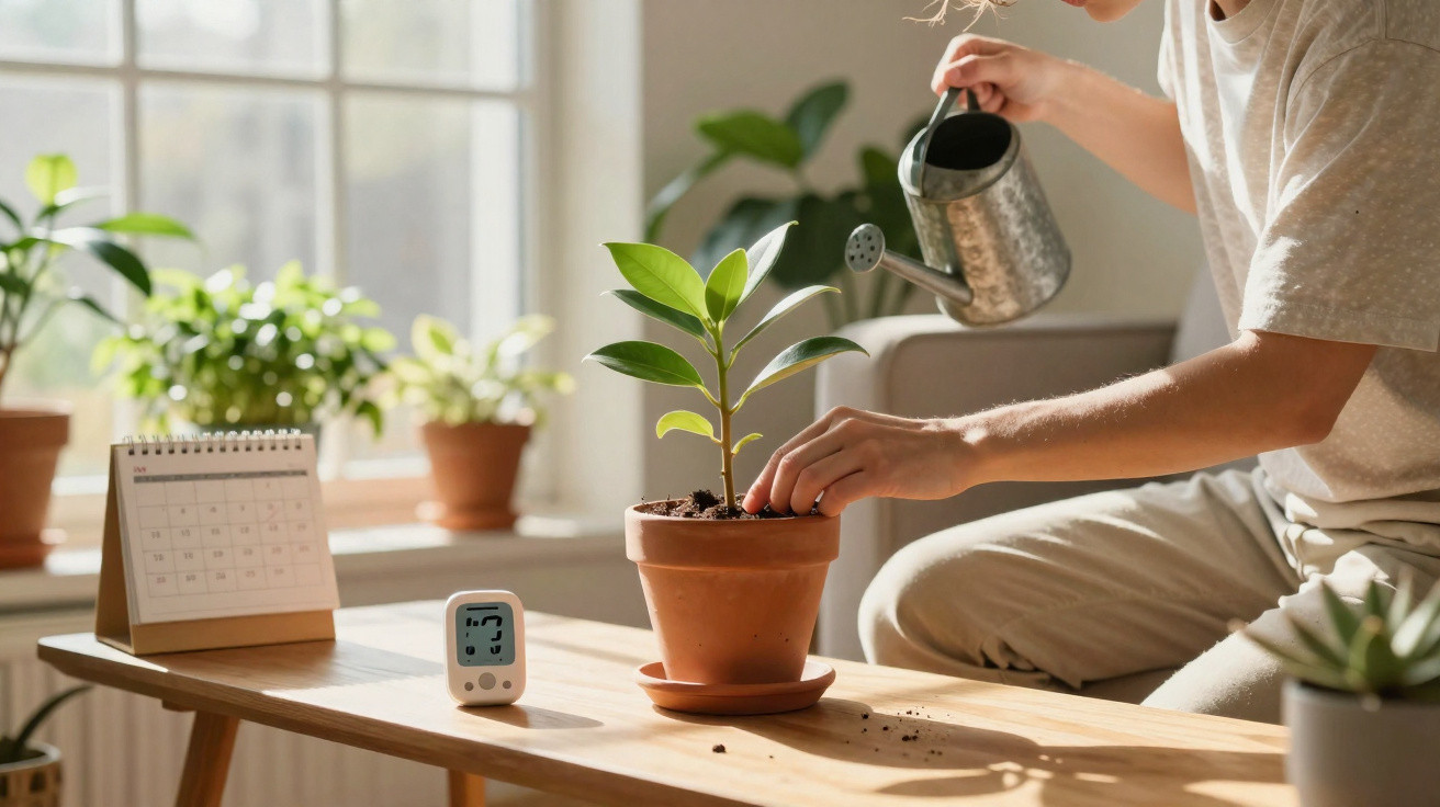Pessoa regando planta em vaso de barro sobre mesa de madeira em ambiente iluminado por janela.